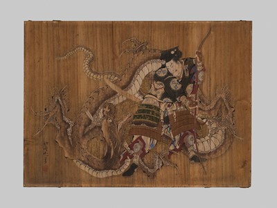 Lot 268 - KATSUSHIKA HOKUSAI: AN IMPORTANT AND EXCEPTIONALLY RARE VOTIVE PLAQUE (EMA) OF MINAMOTO NO YOSHITSUNE SLAYING THE WHITE DRAGON