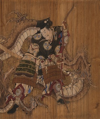 Lot 268 - KATSUSHIKA HOKUSAI: AN IMPORTANT AND EXCEPTIONALLY RARE VOTIVE PLAQUE (EMA) OF MINAMOTO NO YOSHITSUNE SLAYING THE WHITE DRAGON