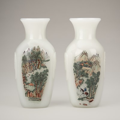 Lot 1868 - A PAIR OF GLASS VASES WITH PAINTED LANDSCAPE DECORATION