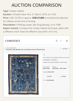 Lot 514 - A LARGE PEKING WOOL ‘ONE HUNDRED BIRDS WORSHIPPING THE PHOENIX’ CARPET, LATE QING DYNASTY