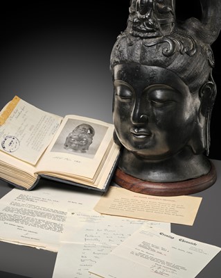 Lot 43 - A MASSIVE AND RARE BRONZE HEAD OF GUANYIN, SONG DYNASTY OR EARLIER