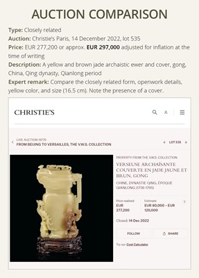 Lot 107 - A YELLOW JADE ARCHAISTIC ‘DRAGON AND PHOENIX’ EWER, GONG, QIANLONG PERIOD