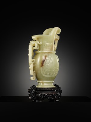 Lot 107 - A YELLOW JADE ARCHAISTIC ‘DRAGON AND PHOENIX’ EWER, GONG, QIANLONG PERIOD