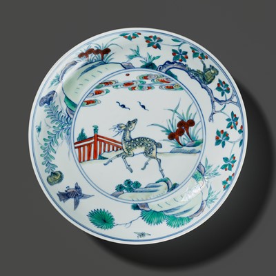 Lot 156 - A RARE DOUCAI ‘DEER’ DISH, YONGZHENG MARK AND PERIOD