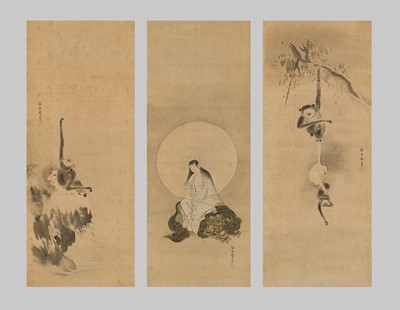 Lot 248 - ATTRIBUTED TO KANO TAN'YU (1602-74): A SET OF THREE SCROLL PAINTINGS WITH MONKEYS AND MONJU BOSATSU