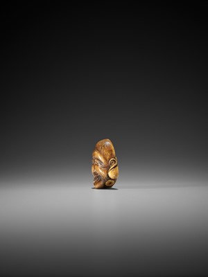Lot 220 - A SUPERB STAG ANTLER MASK NETSUKE OF HOTEI