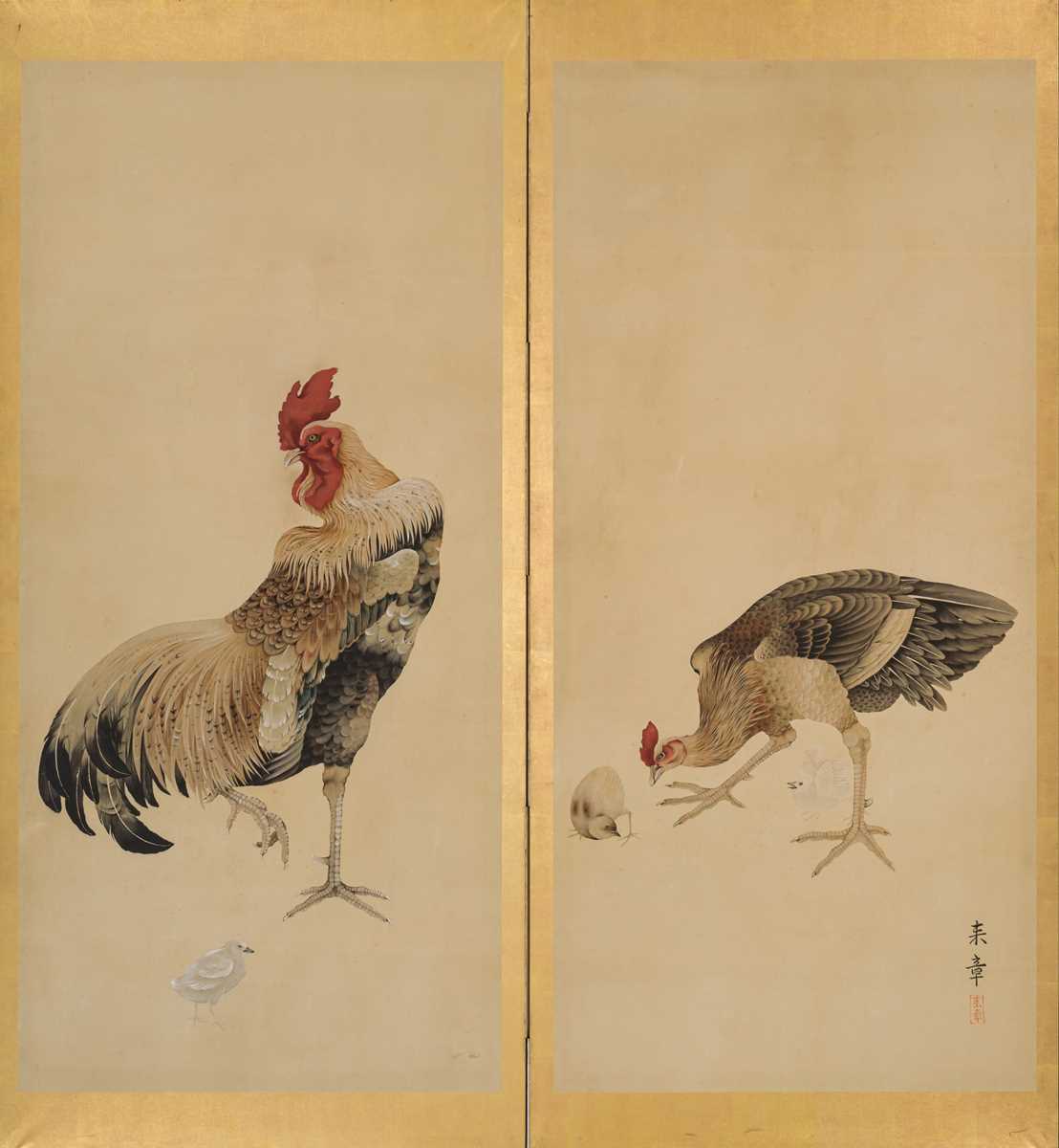 Lot 238 - NAKAJIMA RAISHO: A SUPERB MARUYAMA SCHOOL TWO-PANEL BYOBU (FOLDING SCREEN) WITH COCKEREL, HEN, AND CHICKS