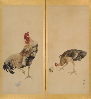 Lot 575 - NAKAJIMA RAISHO: A SUPERB MARUYAMA SCHOOL TWO-PANEL BYOBU (FOLDING SCREEN) WITH COCKEREL, HEN, AND CHICKS