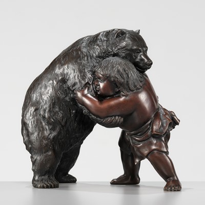 Lot 48 - A RARE BRONZE OF KINTARO WRESTLING A BEAR