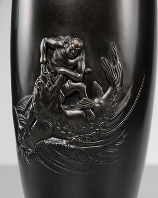 Lot 47 - MASAYUKI: A RARE BRONZE VASE OF A WARRIOR SLAYING A DRAGON FISH (SHACHIHOKO)