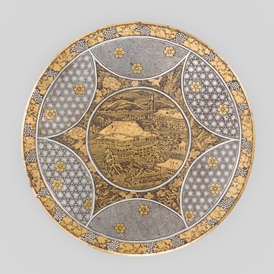 Lot 29 - KOMAI: A GOLD AND SILVER INLAID IRON CIRCULAR DISH DEPICTING KIYOMIZU-DERA TEMPLE