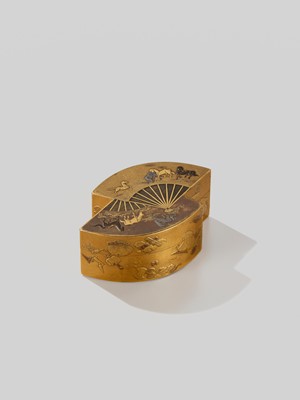 Lot 99 - A LACQUER DOUBLE-FAN-SHAPED KOGO (INCENSE BOX) WITH HORSES AND TREASURES
