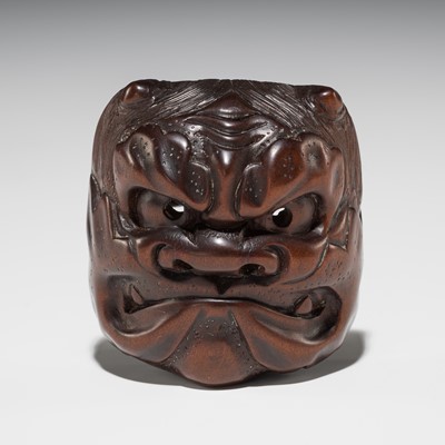 Lot 543 - MASAYUKI: A FINE WOOD MASK NETSUKE OF AN ONI AND OKAME MASK