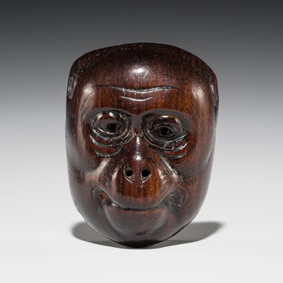 Lot 544 - TAMEKAWA KAWACHI: A WOOD KYOGEN MASK NETSUKE OF A MONKEY (SARU)