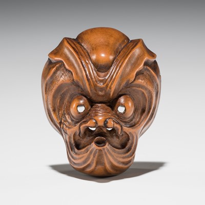 Lot 549 - A WOOD MASK NETSUKE OF AN OCTOPUS-USOFUKI, ATTRIBUTED TO KOKEISAI SANSHO