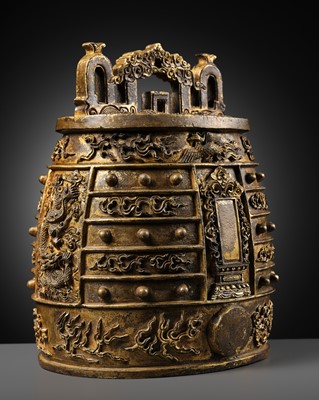 Lot 385 - A FINE GILT-BRONZE RITUAL BELL, BIANZHONG, QING DYNASTY