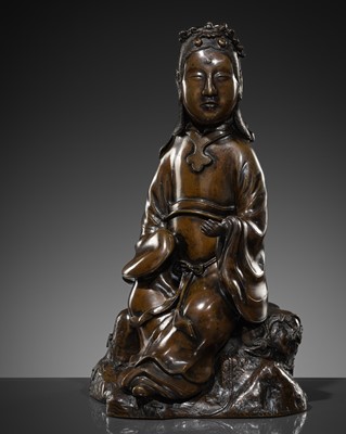 Lot 348 - A FINE AND UNUSUAL BRONZE FIGURE OF GUANYIN, CHINA, 17TH CENTURY