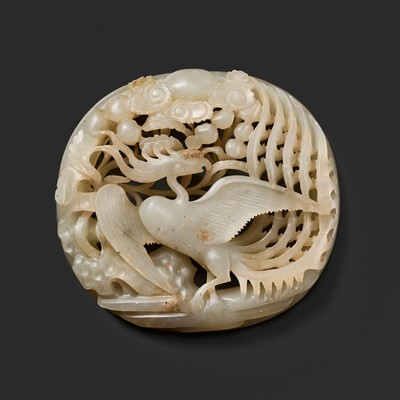 Lot 440 - A RETICULATED WHITE JADE ‘PHOENIX’ PLAQUE, LATE SONG TO YUAN DYNASTY