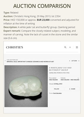 Lot 945 - A WHITE AND RUSSET JADE CARVING OF A CAT WITH BUTTERFLY AND LINGZHI