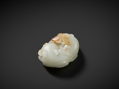 Lot 945 - A WHITE AND RUSSET JADE CARVING OF A CAT WITH BUTTERFLY AND LINGZHI