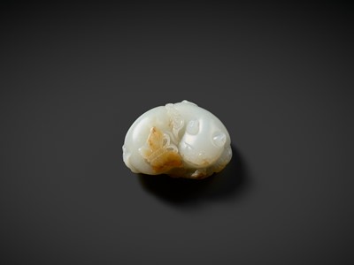 Lot 945 - A WHITE AND RUSSET JADE CARVING OF A CAT WITH BUTTERFLY AND LINGZHI