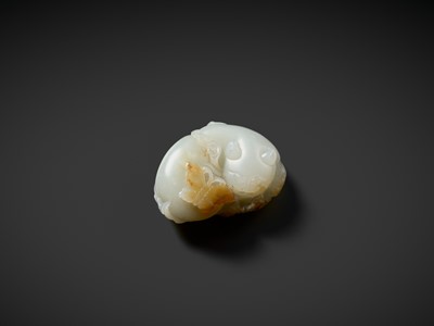 Lot 945 - A WHITE AND RUSSET JADE CARVING OF A CAT WITH BUTTERFLY AND LINGZHI