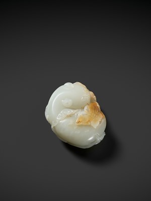 Lot 945 - A WHITE AND RUSSET JADE CARVING OF A CAT WITH BUTTERFLY AND LINGZHI