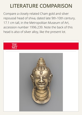 Lot 240 - AN EXCEEDINGLY RARE CHAM GOLD AND SILVER REPOUSSÉ HEAD OF SHIVA, LINGAKOSHA