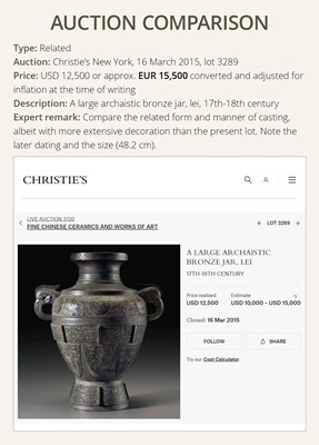 Lot 384 - A LARGE ARCHAISTIC BRONZE JAR, LEI, SONG DYNASTY