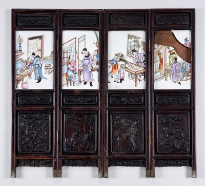 Lot 1967 - A FOUR PANEL WOOD TABLE SCREEN WITH PORCELAIN INSETS, LATE QING TO REPUBLIC