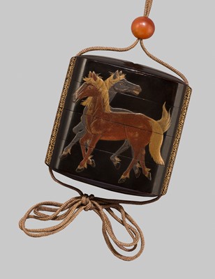 Lot 213 - KOAMI CHOIN: A FINE BLACK LACQUERED FOUR-CASE INRO WITH HORSES