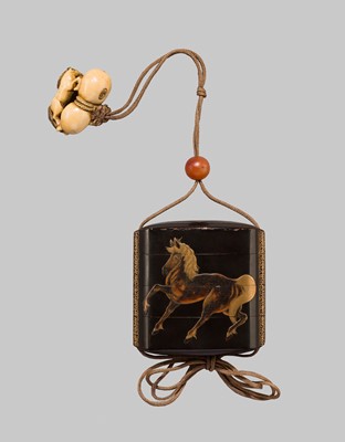 Lot 213 - KOAMI CHOIN: A FINE BLACK LACQUERED FOUR-CASE INRO WITH HORSES