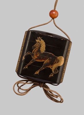 Lot 213 - KOAMI CHOIN: A FINE BLACK LACQUERED FOUR-CASE INRO WITH HORSES