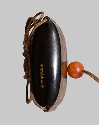 Lot 213 - KOAMI CHOIN: A FINE BLACK LACQUERED FOUR-CASE INRO WITH HORSES