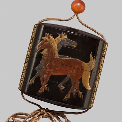 Lot 213 - KOAMI CHOIN: A FINE BLACK LACQUERED FOUR-CASE INRO WITH HORSES