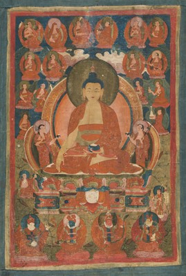 Lot 325 - A THANGKA OF BUDDHA SHAKYAMUNI ACCOMPANIED BY THE SIXTEEN ARHATS, LATE 17TH-EARLY 18TH CENTURY