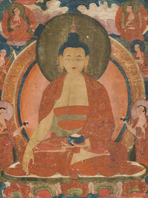 Lot 325 - A THANGKA OF BUDDHA SHAKYAMUNI ACCOMPANIED BY THE SIXTEEN ARHATS, LATE 17TH-EARLY 18TH CENTURY
