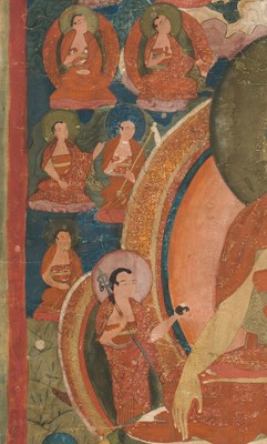Lot 325 - A THANGKA OF BUDDHA SHAKYAMUNI ACCOMPANIED BY THE SIXTEEN ARHATS, LATE 17TH-EARLY 18TH CENTURY