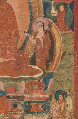 Lot 325 - A THANGKA OF BUDDHA SHAKYAMUNI ACCOMPANIED BY THE SIXTEEN ARHATS, LATE 17TH-EARLY 18TH CENTURY