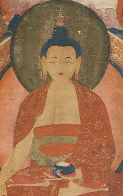 Lot 325 - A THANGKA OF BUDDHA SHAKYAMUNI ACCOMPANIED BY THE SIXTEEN ARHATS, LATE 17TH-EARLY 18TH CENTURY