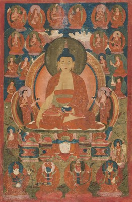 Lot 325 - A THANGKA OF BUDDHA SHAKYAMUNI ACCOMPANIED BY THE SIXTEEN ARHATS, LATE 17TH-EARLY 18TH CENTURY