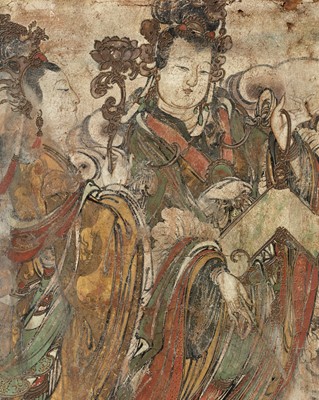 Lot 134 - A POLYCHROME STUCCO FRESCO FRAGMENT DEPICTING TWO CELESTIAL MAIDENS, YUAN TO MING DYNASTY