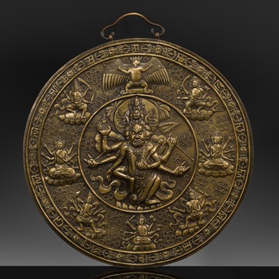 Lot 304 - A BRONZE REPOUSSÉ ‘WRATHFUL DEITY’ VOTIVE PLAQUE, TIBET, 18TH-19TH CENTURY