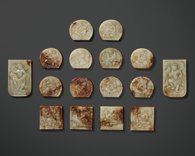 A SET OF 16 JADE BELT PLAQUES DEPICTING MUSICIANS, DANCERS AND TRIBUTE BEARERS, TANG DYNASTY