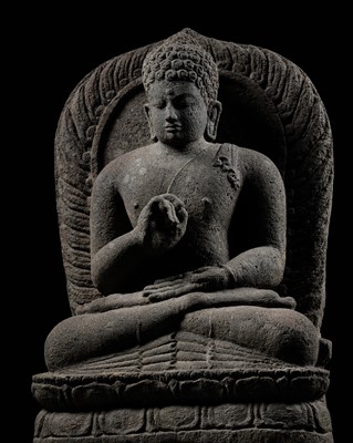 Lot 221 - A VOLCANIC STONE FIGURE OF BUDDHA, CENTRAL JAVA PERIOD, SHAILENDRA DYNASTY, 9TH-10TH CENTURY