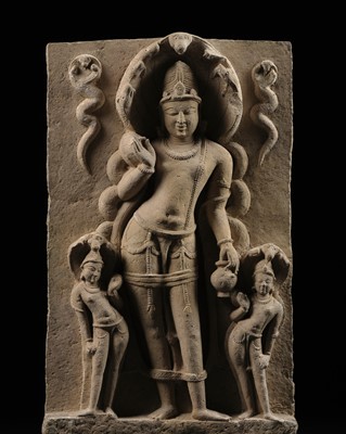 Lot 193 - A LARGE SANDSTONE RELIEF OF BALARAMA, CENTRAL INDIA, MEDIEVAL PERIOD