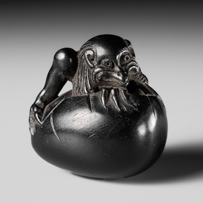 Lot 517 - SHISEI: A FINE EBONY WOOD NETSUKE OF A HATCHING TENGU (TENGU NO TOMAGO)