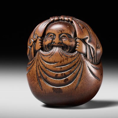 Lot 191 - SHUZAN YASUSADA: A SUPERB WOOD NETSUKE OF HOTEI INSIDE HIS TREASURE BAG