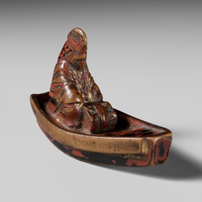 Lot 523 - A NEGORO LACQUER NETSUKE OF A SHIRABYOSHI DANCER IN AN ASAZUMA BOAT