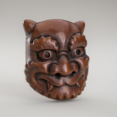 Lot 1436 - SHOKO: A FINE WOOD MASK NETSUKE OF AN ONI